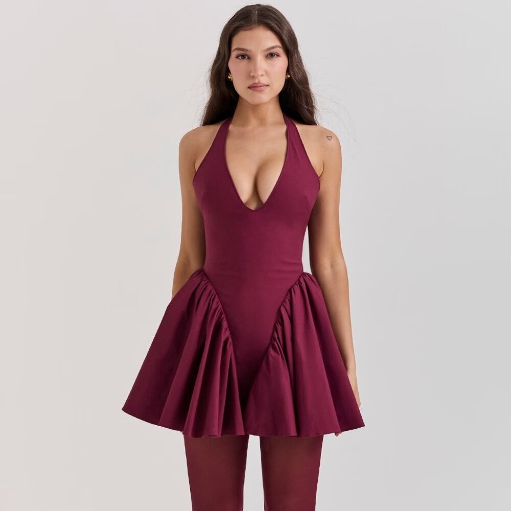 House of CB - Valentia wine halter mini dress